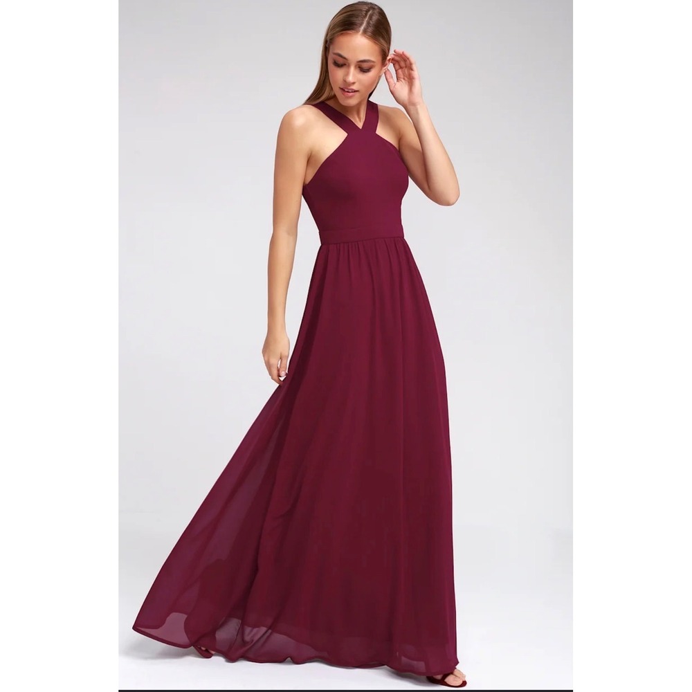 Lulus Lost in Paradise Burgundy Halter Maxi Dress Wine Red Size S